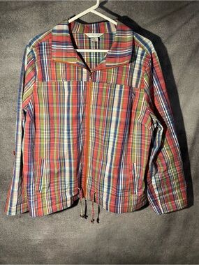 Christopher & Banks Women XL Jacket Plaid Full Zip Drawstring Cotton Roll Tab